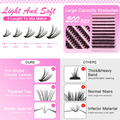 Kit de extensie a genelor MASH: 200PCS Lash Clustere cu Lash Bond & Seal, Machiaj Professional Tools for Gluing Lashes