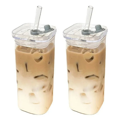 1pcs Square Heat-Resistant Coffee Cup de sticlă cu Lid și Straw  bază de lapte transparent, Ceai & Juice Can pentru acasă sau Bar Drinkware