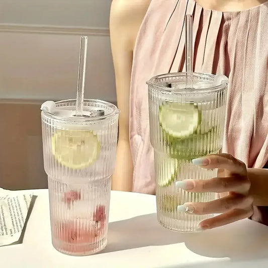 1/2pcs 600ml Cupa de sticlă dungi cu Lid și Straw