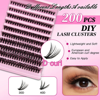 Kit de extensie a genelor MASH: 200PCS Lash Clustere cu Lash Bond & Seal, Machiaj Professional Tools for Gluing Lashes