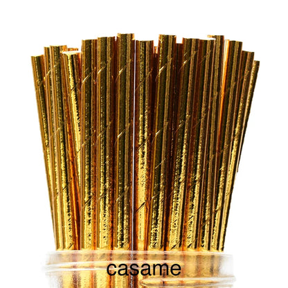 25PCS Metallic Gold & Silver Foil Paper Straws – Heart, Star & Chevron Pattern Biodegradable Party Straws for Wedding, Birthday & Events
