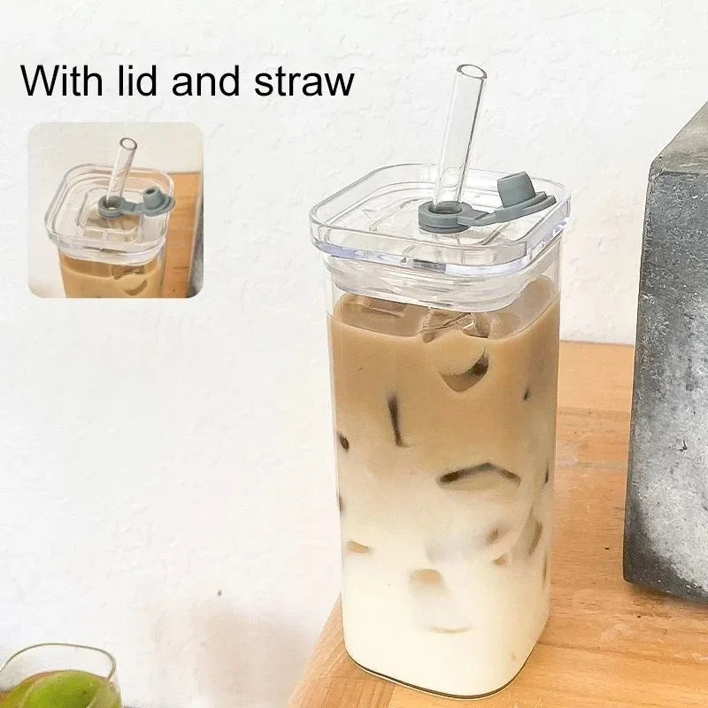 1pcs Square Heat-Resistant Coffee Cup de sticlă cu Lid și Straw  bază de lapte transparent, Ceai & Juice Can pentru acasă sau Bar Drinkware