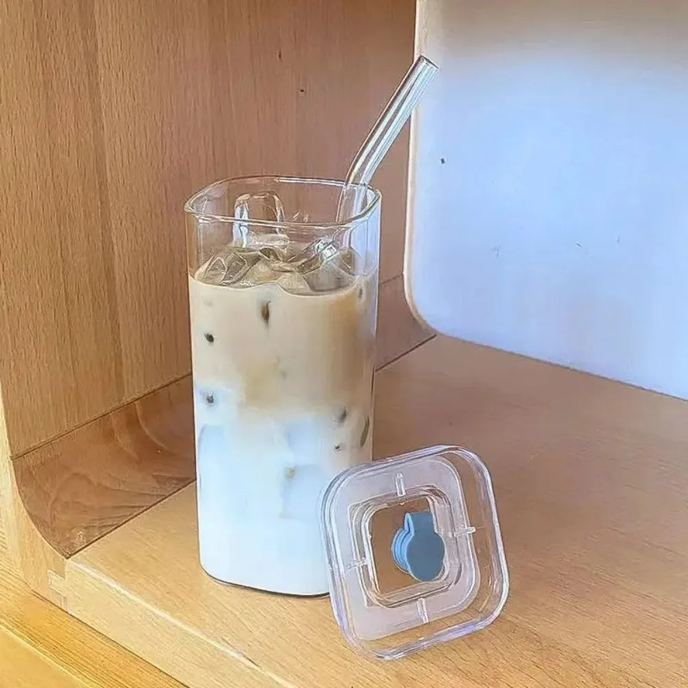 1pcs Square Heat-Resistant Coffee Cup de sticlă cu Lid și Straw  bază de lapte transparent, Ceai & Juice Can pentru acasă sau Bar Drinkware
