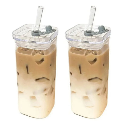 1pcs Square Heat-Resistant Coffee Cup de sticlă cu Lid și Straw  bază de lapte transparent, Ceai & Juice Can pentru acasă sau Bar Drinkware